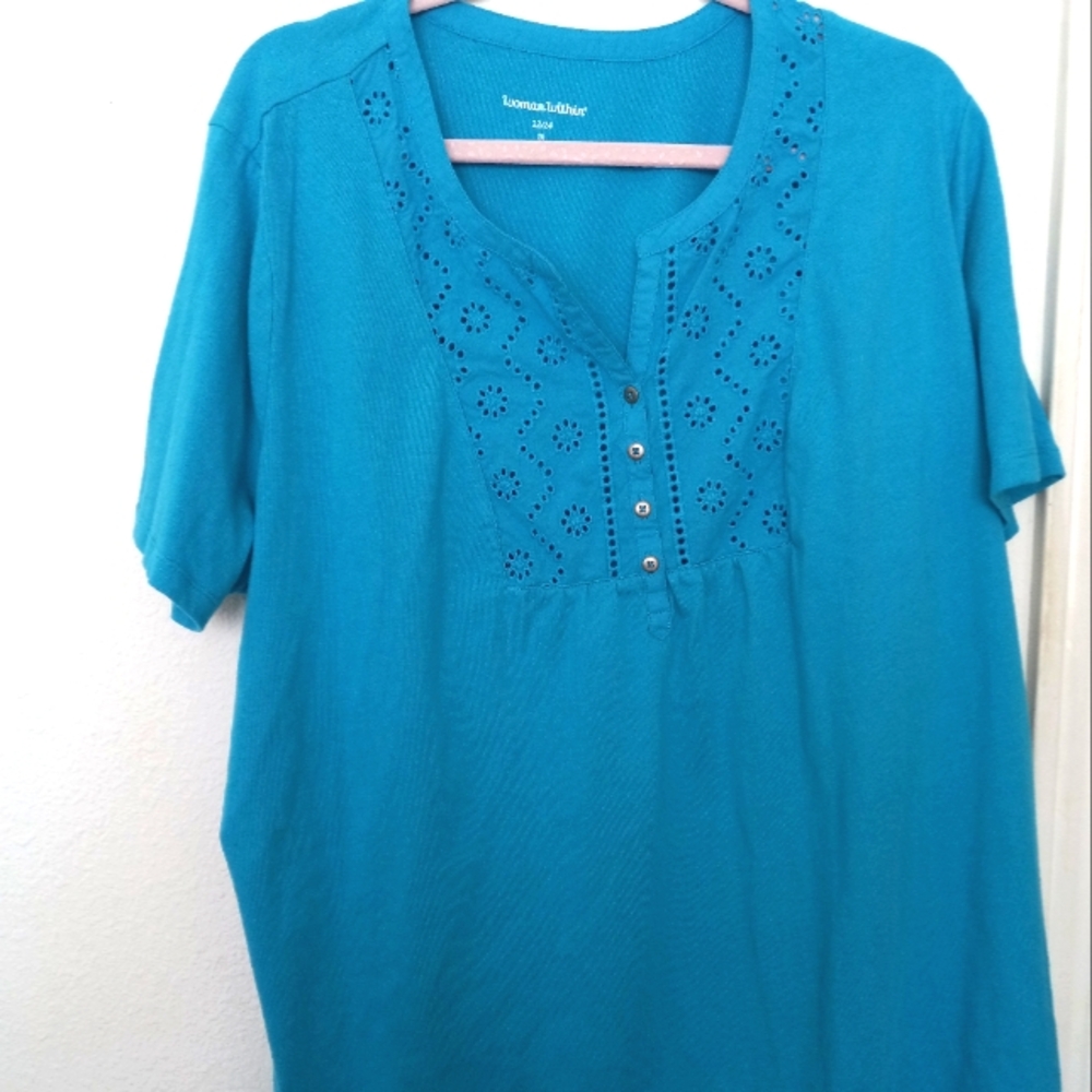 Roaman's Blue Blouse with Eyelet Design
